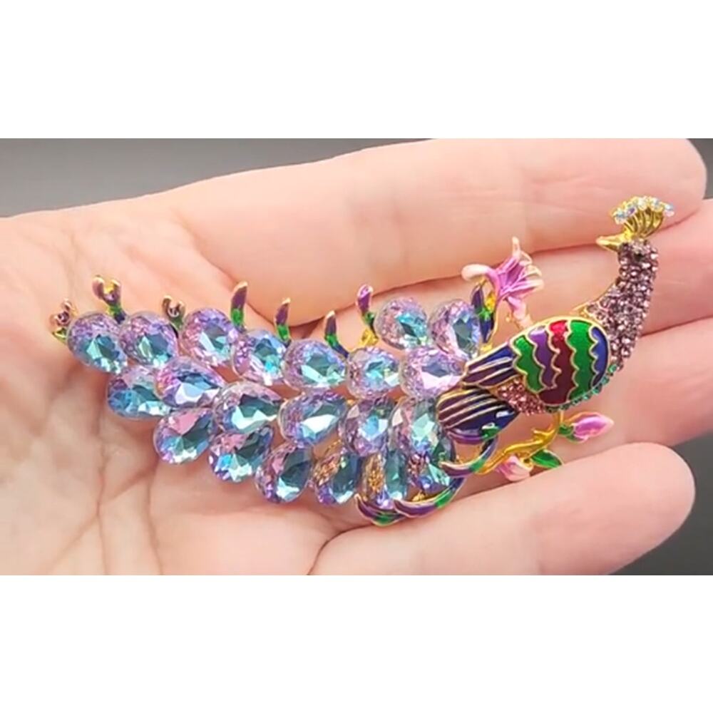 Peacock Brooch Faux Jewels and Enamel Colorful Gorgeous